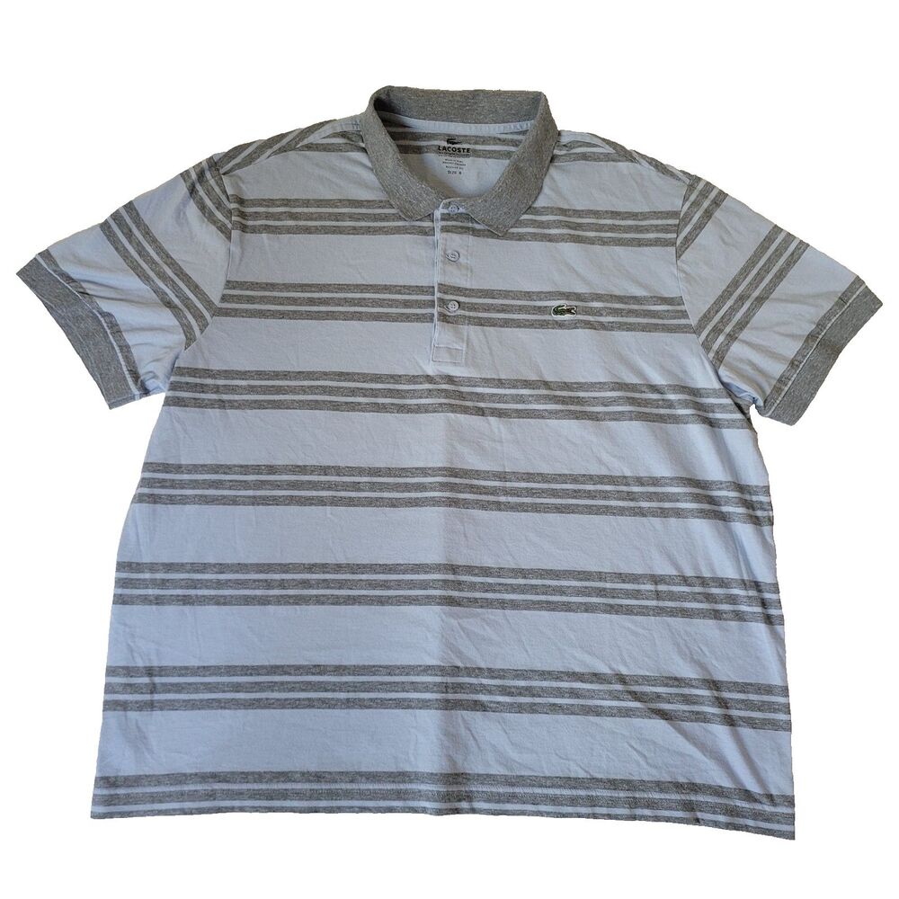 Lacoste Polo Shirt Mens Size 8 XL Gray Blue Striped Regular Fit Cotton Blend